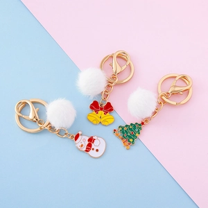 Porte-clés de Noël avec pompon en peluche et breloques de bonhomme de neige et sapin