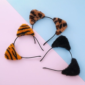 Three cute plush cat ear headbands with leopard, tiger, and solid black faux fur patterns