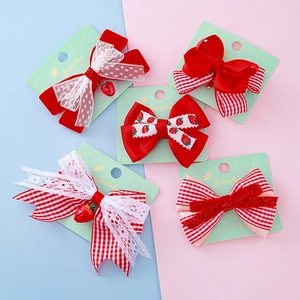 Barrettes à Cheveux Nœud Écossais Rouge Mignon pour Filles Ruban Tissu Velours Pendentif Fraise Cerise Princesse Bijoux de Cheveux