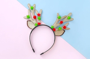 Détails de serre-tête de Noël avec bois de renne à paillettes dorées et pompons colorés