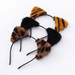 Three-pack of cute plush cat ear headbands with leopard, tiger, and black patterns