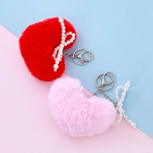 Plush Heart Keychain With Faux Artificial Pearl Bow Decoration Fluffy Heart Bag Charm Cute Soft Heart Pendant Key Ring For Women Gift