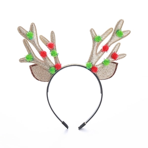 Serre-tête bois de renne de Noël avec paillettes dorées et pompons pour déco de fête