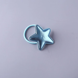 Cute light blue star shaped hair tie for girls made of shiny PU leather and elastic band