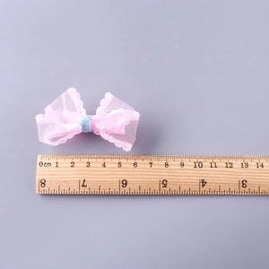 Pink mesh butterfly bow hair clip with blue glitter center and wavy lace trim, 5cm width