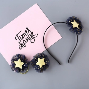 Korean Style Kids Star Mesh Hair Accessories Set Handmade Navy Blue Sequin Hair Clip Hair Tie Headband For Girls Princess Party