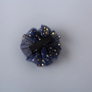 Navy blue mesh flower hair clip set with gold stars and ribbed metal alligator clip