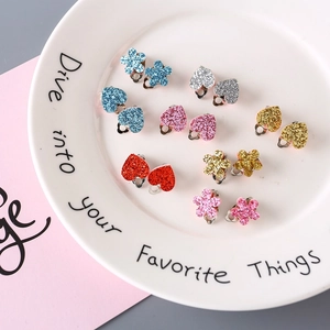 Children's Glitter Heart Flower Clip On Earrings No Piercing Cute Girls Sweet Kids Fashion Jewelry Accessories Gift