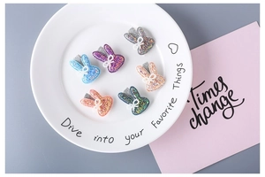 Set of 6 colorful glitter rabbit hair clips with lace bows for little girls