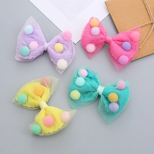 Kids Korean Mesh Bowknot Hair Clip Colorful Pom-poms Princess Flower Girl Hairpin Sweet Hair Accessory For Party Daily