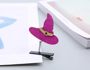 Detail of purple sequin witch hat hair clip with metal spring and alligator clip