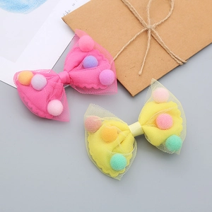 Princess style tulle bow hair clips with colorful pom poms for girls hair accessories