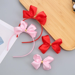 Set di Cerchietto e Molletta con Fiocco in Raso di Poliestere per Bambine Fatto a Mano Stile Coreano Accessori per Capelli