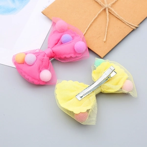 Mesh bow hair clips with colorful pom-poms for girls, pink and yellow princess accessories