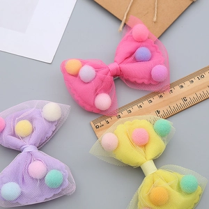 Three-piece set of girls mesh bow hair clips with colorful pom poms and princess style