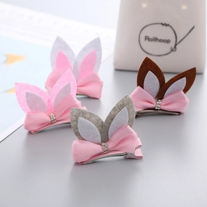 Cute Rabbit Ear Hair Clips Ribbon Bow Rhinestone Korean Style Fabric Animal Hair Accessories For Children Girls Decorative Clips