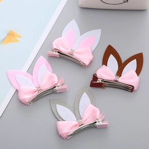 Set of 4 cute rabbit ear hair clips with satin bows and sparkling rhinestones