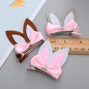 Set of 3 cute bunny ear hair clips with bows and rhinestones in brown white and gray
