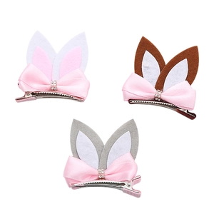 Three-piece set of cute bunny ear hair clips with satin bows and rhinestones for girls