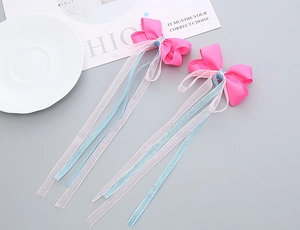 Détail de pinces à cheveux à longs rubans roses et bleus avec nœud pour filles