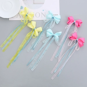 Barrettes à Cheveux Nœud Faites à la Main pour Enfants avec Longs Rubans Filles Doux Gros-Grain Organza Paillettes Accessoires Cheveux