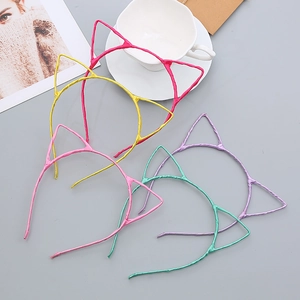 Kids colorful cat ear headbands set in pink yellow and purple with shiny fabric finish