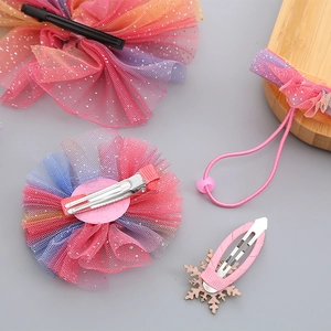 Rainbow mesh bow hair clip set with snowflakes for little girls and princesses