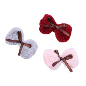 Plush faux fur bow hair clips for girls in red, grey, and pink with ribbon detail
