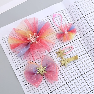 Children gradient mesh bow hair clip set with snow motifs for princess hair styling