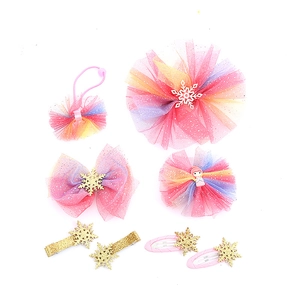 Set of 7 colorful gradient mesh hair clips and bow ties for girls with snowflake accents