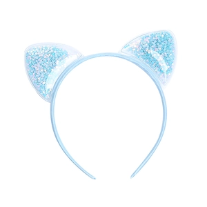 Cute light blue cat ear headband for girls featuring transparent PVC with flowing glitter