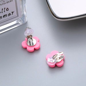Cute pink resin flower clip-on earrings for girls with soft silicone anti-pain pads