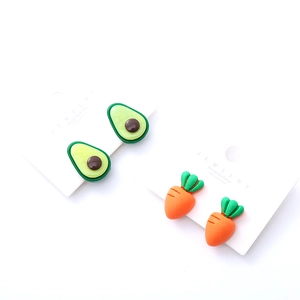 Cute resin avocado and carrot clip-on earrings for girls with 925 silver posts