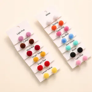Colorful pom-pom ear clips for kids, 13 sets of plush ball earrings with 925 silver posts
