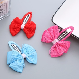 Handmade lace bow hair clips set for girls with ribbed ribbon in red pink and blue