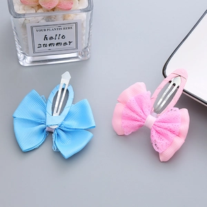 Handmade lace ribbon bow hair clips in pink and blue for little girls accessories