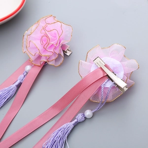 Pink hanfu hair clips with tassels and organza flowers for girls traditional festivals
