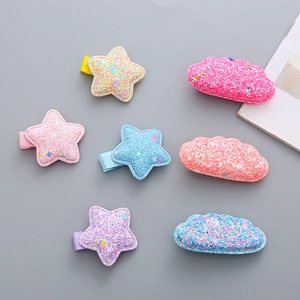Kids Glitter Sequin Star Cloud Hair Clips Cute Macaron Color Ribbon Wrapped Duckbill Clips Girls Hairpins Headwear Accessories