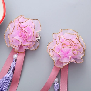 Pink Hanfu flower hair clips with silk tassels and pearls for girls' summer festivals