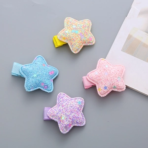 Cute macaron color glitter star hair clips set for girls with sequins and ribbon wrap