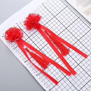 Red traditional Chinese flower hair clips with long tassels and pearls for girls