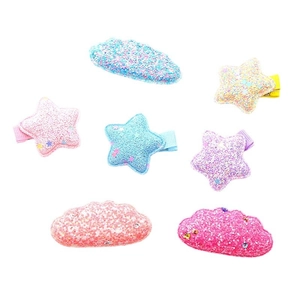 7-piece set of girls glittery star and cloud hair clips in bright macaron colors
