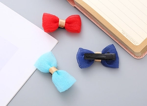 Three-piece set of handmade seersucker bow hair clips in red, royal blue, and light blue