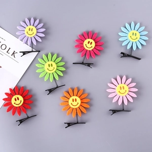 Colorful felt sunflower spring hair clips with smiling faces for kids hair styling