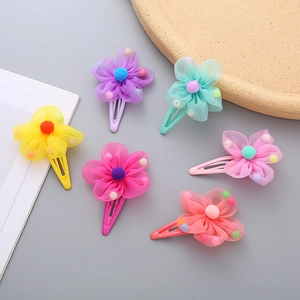 Kids Korean Style Sweet Mesh Flower Hair Clips Cute Plush Ball Tulle Hairpins BB Clips For Girls Daily Party Accessories
