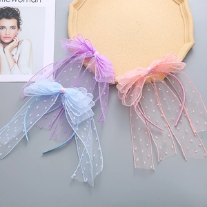 Charming princess polka dot mesh bow headbands with long ribbons in purple, blue, and pink