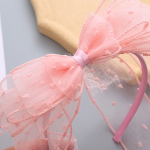 Pink polka dot mesh bow headband with elegant tulle ribbons for princess girls