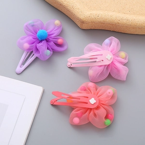 Three-piece set of girls' colorful mesh flower hair clips in purple, pink, and coral red