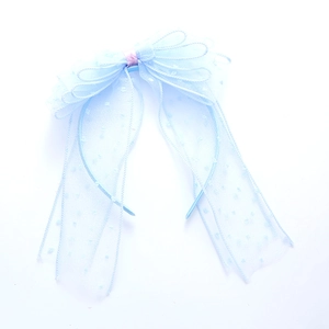 Princess style light blue polka dot mesh bow headband for children with ribbon detail