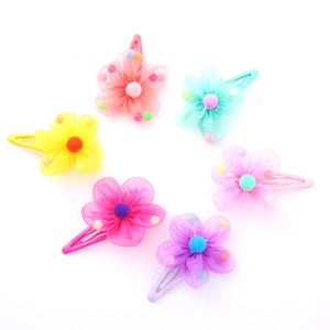 6-piece colorful candy-colored flower hair clips for girls with mesh petals and soft pom-poms